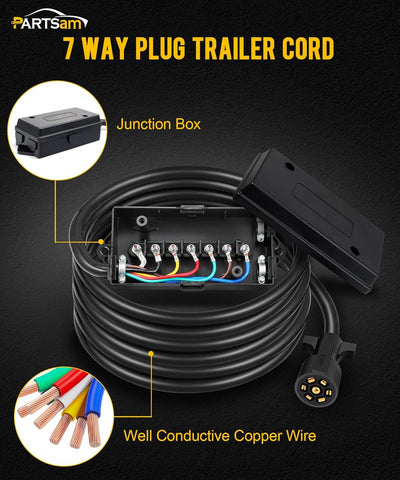 Image of Partsam Heavy Duty 7 Way Plug Inline Trailer Cord with 7 Gang Junction Box Weatherproof 8 Feet Trailer Connector Cable Wiring Harness