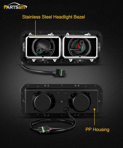 Image of PARTSam Headlight Housing Base with H4 Plugs Wire Harnesses Stainless Steel Bezel Replacement for Kenworth T600 T800 W900, Peterbilt 379, Western Star 4900, Freightliner FLD Driver & Passenger Side