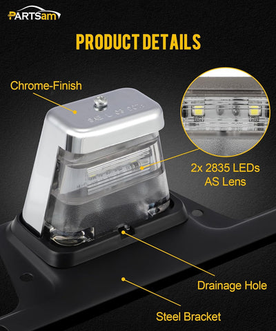 Image of Partsam LED License Plate Light Chrome Waterproof 12V DC License Tag Light with Holder Drainage Hole Steel Bracket Mount ABS Housing AS Lens for Trailer Truck Pickup UTV ATV RV Boat 12V DOT Compliant