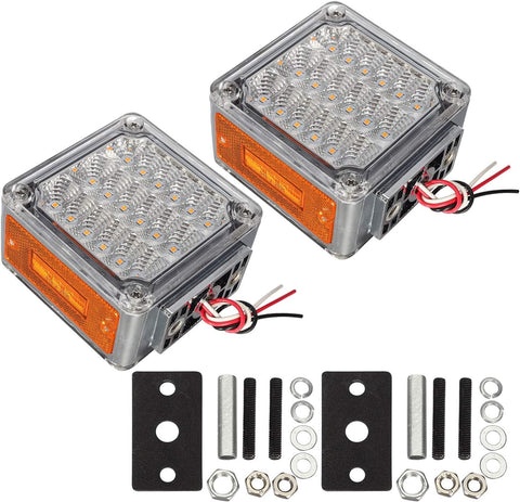 Image of Partsam 2Pcs Square Double Face Led Turn Signal Lights Parking Lights Clear Lens - Amber/Amber 39 Square LED Pedestal Fender Stud Mount Dual Face Led Lights for Trucks Trailers