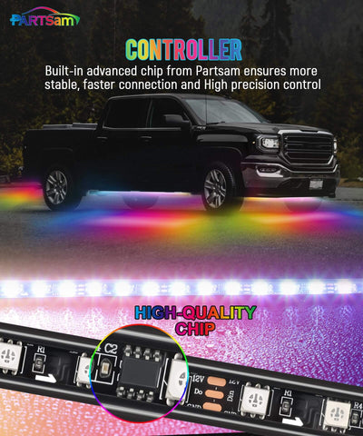 Image of Partsam Car Underglow Neon Accent Strip Lights with Remote & APP Control Music Modes, Scene Options, Mic, DIY Remote Control Underbody Light Strips Adapter for Vehicle SUV Truck - 4 in 1