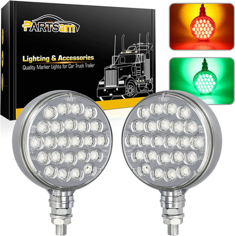 Image of Partsam 2x 4 Dual Revolution Amber/Red/Green Round Double Face 48 Diode Marker/Turn Signal and Auxiliary Led Pedestal Light with Chrome Housing Sealed Replacement for Kenworth/Peterbilt/Freightliner