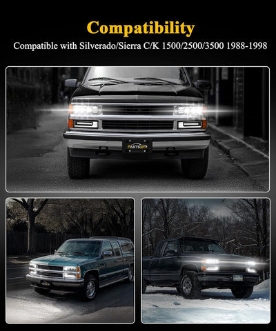 Image of Partsam LED Headlights Assembly DOT Approved with Start Animation DRL Sequential Turn Signal Hi/Low Beam Lights Replacement for OBS Truck Silverado C/K 1500/2500/3500 88-98, 6500K 12V IP67