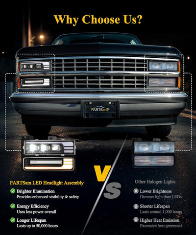 Image of Partsam LED Headlights Assembly DOT Approved with Start Animation DRL Sequential Turn Signal Hi/Low Beam Lights Replacement for OBS Truck Silverado C/K 1500/2500/3500 88-98, 6500K 12V IP67