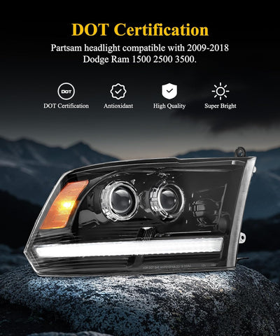 Image of Partsam Full LED Headlights Assembly Compatible with 2009-2018 Ram 1500 2500 3500, DOT Approved Dual Projector Assembly Pair with Start Animation DRL Sequential Turn Signal Hi/Low Beam 6500K 12V IP67