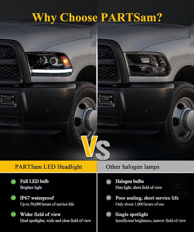 Image of Partsam Full LED Headlights Assembly Compatible with 2009-2018 Ram 1500 2500 3500, DOT Approved Dual Projector Assembly Pair with Start Animation DRL Sequential Turn Signal Hi/Low Beam 6500K 12V IP67