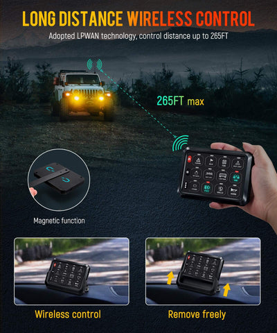 Image of Partsam RGB 12 Gang Switch Panel 265 ft Wireless Waterproof Universal Circuit Control Relay System Box Switch Pod w/3 Silicone Button 5 Brightness Levels for Offroad Truck RV ATV UTV Boat