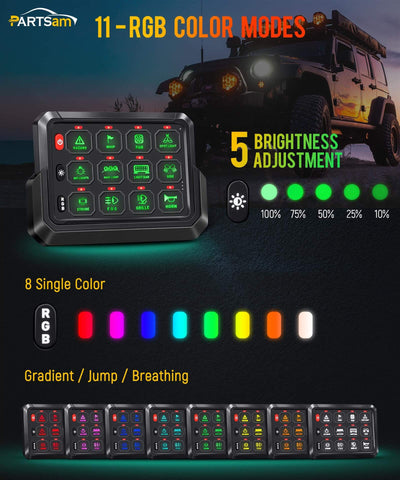 Image of Partsam RGB 12 Gang Switch Panel 265 ft Wireless Waterproof Universal Circuit Control Relay System Box Switch Pod w/3 Silicone Button 5 Brightness Levels for Offroad Truck RV ATV UTV Boat