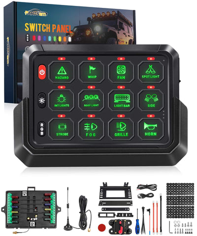 Image of Partsam RGB 12 Gang Switch Panel 265 ft Wireless Waterproof Universal Circuit Control Relay System Box Switch Pod w/3 Silicone Button 5 Brightness Levels for Offroad Truck RV ATV UTV Boat