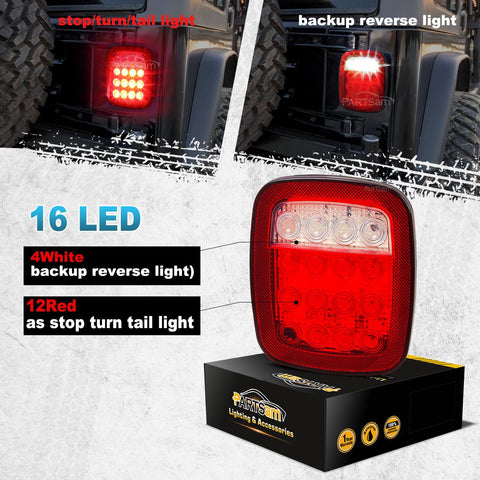 Image of Partsam 2x Universal 16 LED Stop Tail Turn Signal Backup Reverse Brake Clearance Marker Lights Lamps Red/White Replacement for Jeep YJ JK CJ Truck Trailer Waterproof 12V