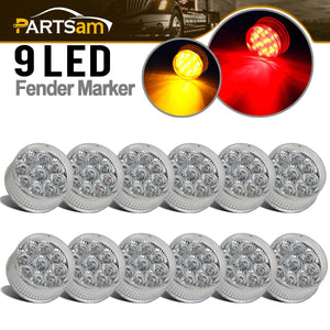 Partsam 12Pcs 2 inch Round Trailer Led Side Marker and Clearance Lights 9 Diodes with Reflectors Clear Lens Sealed Faceted 2 Inch Round LED Trailer Truck Led Marker Light Lamps Waterproof (6Amber + 6Red)