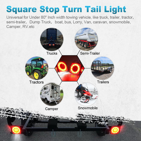 Image of Partsam Led Submersible Trailer Tail Lights Kit, Waterproof 12V Square LED Trailer Lights Halo Glow with Wiring Harness Combination Brake Stop Turn Running License Lights for RV Marine Boat Trailer