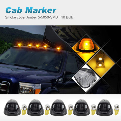 Image of Partsam 5X Smoke Cab Marker Top Roof Light + 5X Amber T10 LED Lights Assembly Compatible with E150 E250 E350 E450 F150 F250 F350 F450 F550 Super Duty with Stock Cab Light 1999-2016