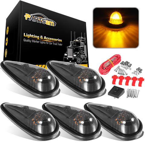 Partsam 5pcs Front Rear Smoke Lens Teardrop Cab Light 9LED Amber Cab Marker Light Top Clearance Roof Running Light with Wiring Pack for Trucks, Vans, Pickups, semis and RVs