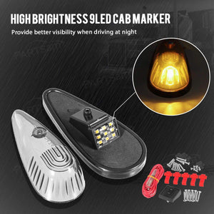 Partsam 5pcs Front Rear Smoke Lens Teardrop Cab Light 9LED Amber Cab Marker Light Top Clearance Roof Running Light with Wiring Pack for Trucks, Vans, Pickups, semis and RVs