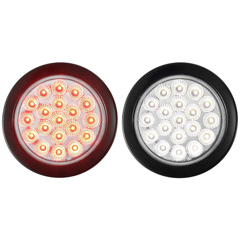 Partsam 2Pcs 4 Inch Round Red Stop Turn Tail Lights and White Backup Lights Kit 19 Diodes w/ Rubber Grommets & 3-Prong Wire Pigtails