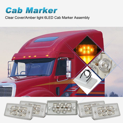 Image of Partsam 5pcs Replacement for Freightliner Century/Columbia Cab Lights 6 LED Amber Roof Clearance Marker Lights Rectangle Top Running Lights Sealed Clear Lens, Flush Mount
