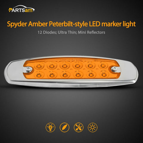 Image of Partsam 10x 6.2" LED Marker Clearance Light 12LED Pigtail Amber Trailer Lights, Sealed 6-1/5" Amber Rectangular Spyder 12-LED Marker and Clearance Lights with Stainless Steel Rim
