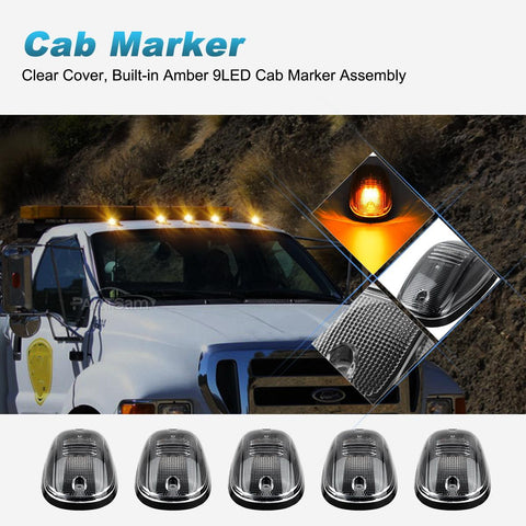 Image of Partsam LED Cab Marker Roof Running Lights 5PCS Clear Lens 9LED Amber Top Lights Compatible with Dodge Ram 1500 2500 3500 4500 5500 2003-2018 SUV Truck Pickup RV