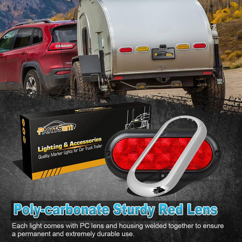 Image of 2PCS 6inch Oval Chrome Trailer Truck Red 10 LED Surface Mount Stop Turn Tail Lights