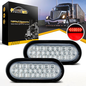 Partsam 2x Oval Brake Stop Tail Turn Sealed Marker Lights Flush Mount 6.3inch Inch 24 LED Truck Trailer Boat Utility Clear Lens Red w/Rubber Grommet Waterproof 12V