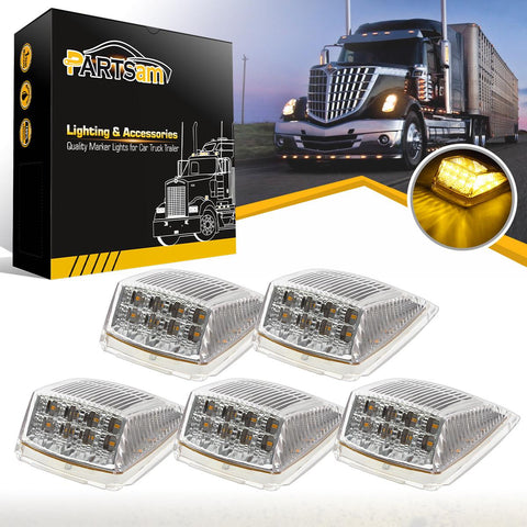 Image of Partsam 5pcs 17 LED Clear Lens 5*3.75" Amber Cab Marker Top Roof Running Truck Cab Light Waterproof Top Reflective Lights Compatible with Peterbilt/Kenworth/Freightliner/Mack/