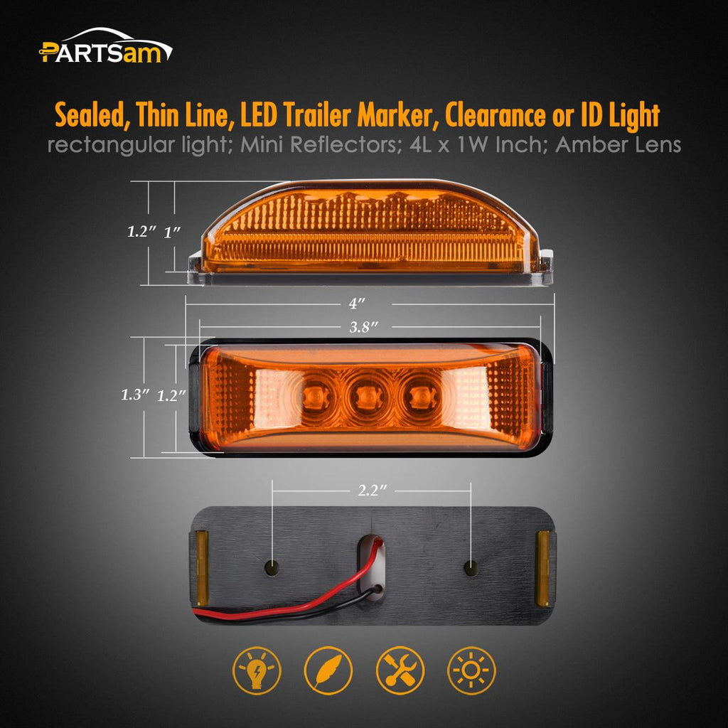 Partsam 2Pcs Amber 4 Inch LED Trailer Side Marker And Clearance Lights Lamps 6 Diodes With Reflex Lens Surface Mount, Reflective 2x4 Rectangular Rectangle Led Marker Lights Front Rear Truck RV Camper
