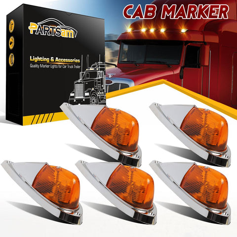 Image of Partsam 5X Amber Cab Marker Top Roof Running Lights Kit Universal Teardrop Style Cab Light Compatible with Kenworth/Peterbilt/Freightliner/Mack/Western Star Truck Trailer