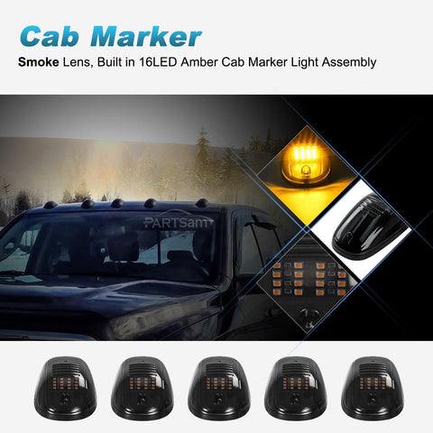 Image of Partsam 5pcs Smoke Cab Light 16LED Amber Top Roof Running Cab Marker Lights Assembly Compatible with Dodge Ram 1500 2500 3500 4500 5500 2003-2018 Pickup Trucks