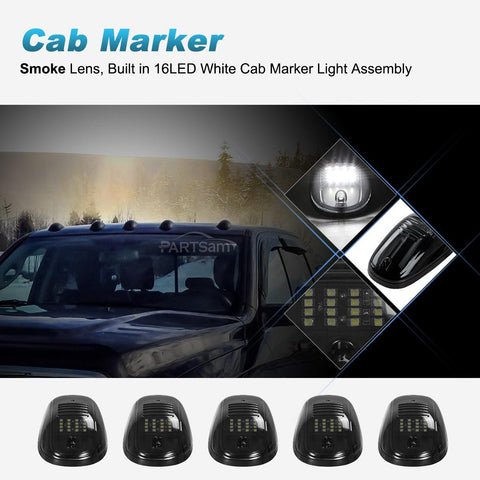 Image of Partsam 5pcs Smoke Cab Marker Top Roof Running LED Light Assembly w/16LED White Cab Light Compatible with Dodge Ram 1500 2500 3500 4500 5500 2003-2018 Pickup Trucks
