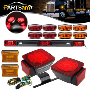Partsam Submersible Led Truck Trailer Lights Kit 12V, 2xSquare Led Trailer Light Kits+14.17inch Red 3 Light 9 LED ID Light Bar+2xAmber Side Marker w/Reflex+ 8pcs 2.5inch Oval Led Marker Clearance Lights