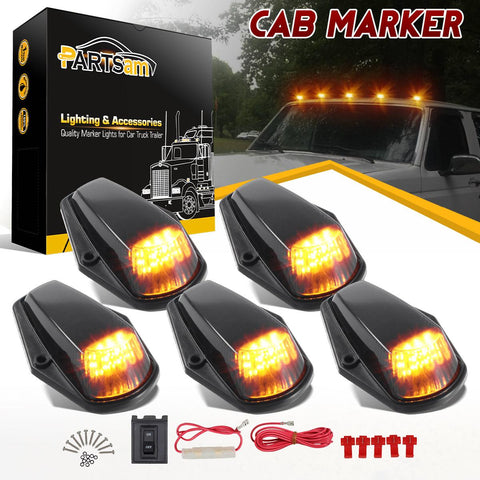 Partsam 5Pcs Smoked Amber Cab Marker Lights 12LED Compatible with Ford F150 F250 F350 1973-1997 F Series Super Duty Pickup Trucks Cab Top Roof Running LED Lights Assembly w/ Wiring Harness