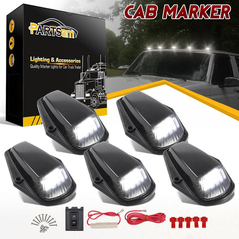 Image of Partsam 5X Cab Marker Light LED Top Roof Running Light Black Lens White 12LED Lights w/Wire Compatible with Ford F150 F250 F350 1973-1997 F Series Super Duty Pickup Trucks