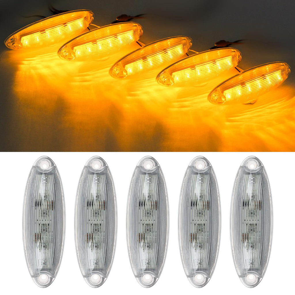 Partsam 5pcs Clear Lens Cab Clearance Roof Running Top Marker Lights Amber Yellow 6LED Amber Lights Assembly Waterproof Compatible with Freightliner Cascadia Heavy Duty Trucks