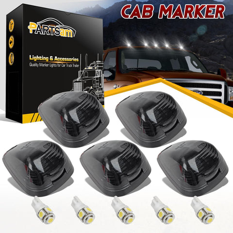 Image of Partsam 5X Black Smoke Lens Cab Roof Marker Running Lamps w/White LED Lights Compatible with Ford F150 F250 F350 F450 F550 F650 F750 E150 E250 E350 E450 1999-2016 Super Duty Pickup Trucks
