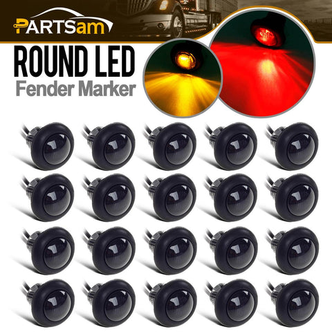 Image of Partsam 20x Amber/Red Truck Trailer Boat 3/4" Round Led Light Round Marker Clearance + Grommet Smoke Lens