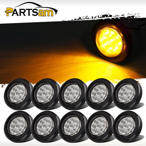 Partsam 10x 2" Round Amber Led Marker Clearance Light 9LED Clear Lens w Reflector Kits Trailer, Grommet/Pigtails, 2 inch round led trailer lights clear, 2 inch round led marker lights