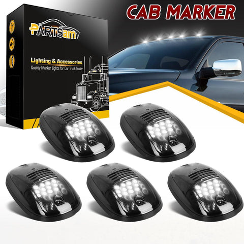Image of Partsam 5pcs 12LEDs Smoke/White Cab Roof Top Marker Running Lights 264146BK Replacement for Dodge Ram 2003-2018 (Smoked Lens/White Lights)