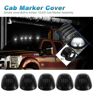 Partsam 5pcs 12LEDs Smoke/White Cab Roof Top Marker Running Lights 264146BK Replacement for Dodge Ram 2003-2018 (Smoked Lens/White Lights)