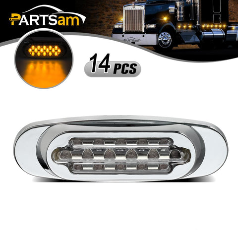 Image of Partsam 14Pcs 6-1/2 Clear/Amber 16-LED Trailer Side Marker and Turn Signal Lights Chrome Flush Mount Style Lights Sealed Replacement for Peterbilt/Kenworth/Freightliner