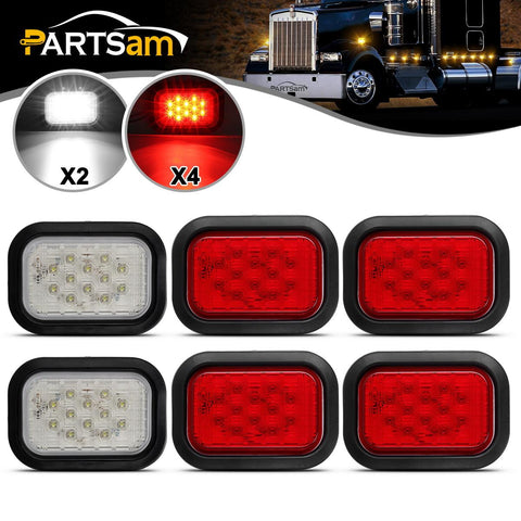 Image of Partsam 6Pcs 5x3inch Rectangle Stop/Turn/Tail & Backup/Reverse Truck Trailer Hitch Light 12 LED Grommet Hardwired Flush Mount (4xRed+2xWhite)