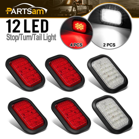 Image of Partsam 6Pcs 5x3inch Rectangle Stop/Turn/Tail & Backup/Reverse Truck Trailer Hitch Light 12 LED Grommet Hardwired Flush Mount (4xRed+2xWhite)