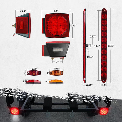 Image of Partsam Submersible Under 80inch LED Trailer Light Kit,Square Stop Turn Tail RV Truck Lights w/Wire &Bracket,Red/Amber Side Fender Marker Lamps,3rd Brake ID Light Bar for Camper Truck RV Boat Snowmobile