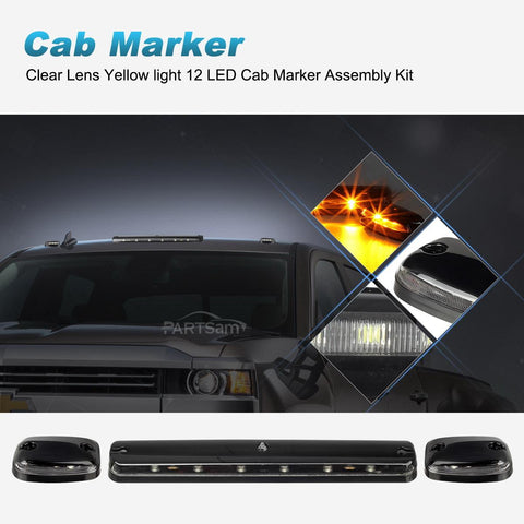 Image of Partsam 3PCS Clear Lens Cab Roof Marker Lights 12LED Amber Top Assembly Light Compatible with Silverado/ Sierra 1500 2500 3500 2500HD 3500HD 2007 2008 2009 2010 2011 2012 2013 2014