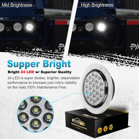 Image of Partsam 2pcs 4" Round White 24 LED Truck Trailer Light Reverse Backup Running Light + Chrome/Wire