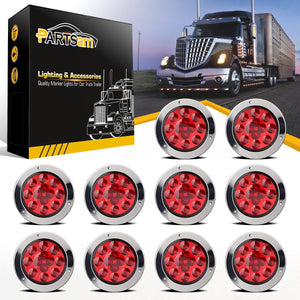 Partsam 10Pcs Red 4inch Inch Round LED Trailer Tail Lights 12LED Flange Mount Stainless Steel Chrome Bezel Waterproof Stop Turn Tail Brake Lights Replacement for Trucks RV 12V