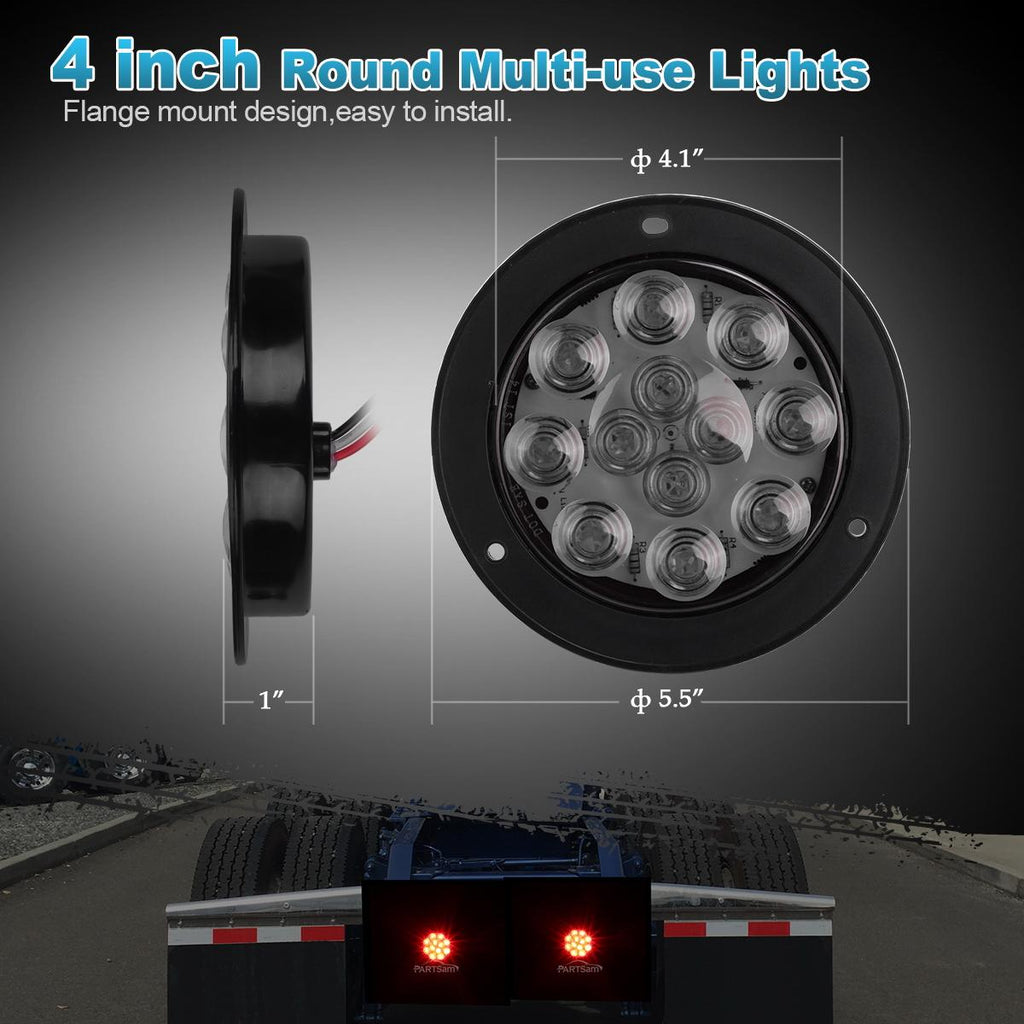 Partsam 2Pcs 4 Inch Round Red LED Trailer Tail Lights Flange Mount Smoke Lens - 12 RED LED Turn Stop Brake Trailer Lights Waterproof for RV Trucks
