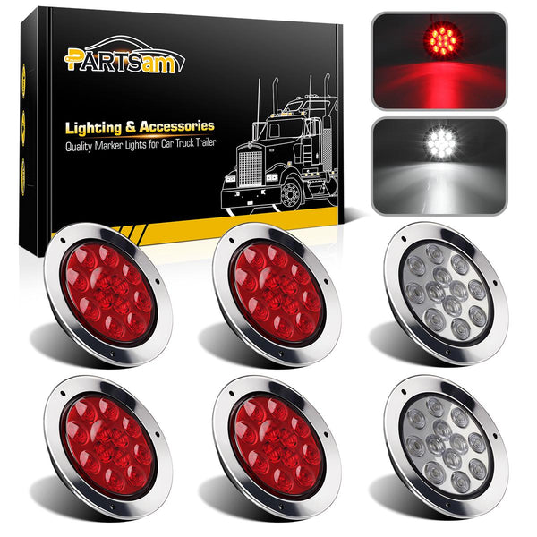 Partsam 4 Red + 2 White 4inch Round Led Stop Turn Tail Back-up Reverse