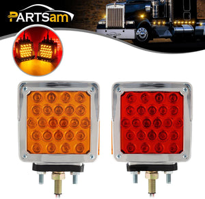 Partsam Pair Truck Trailer 52 LED Red/Amber Square Double Face Pedestal Fender Stop Turn Tail Lights Three Stud Mount Bezel Visor Waterproof Replacement for Peterbilt/Kenworth/Freightliner Trucks