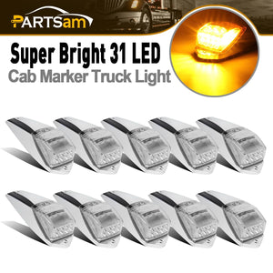 Partsam 10pcs 31LED Amber Cab Light LED Top Roof Running Marker Lights w/Chrome Base Compatible with Peterbilt/Kenworth/Freightliner//Western Star/Mack/International Trailer Trucks